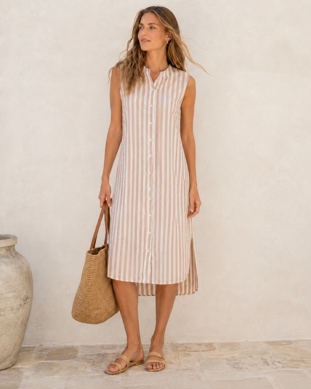 Evi Grintela Tan White Striped Midi Shirt Dress Womens L Casual Minimalist Beach